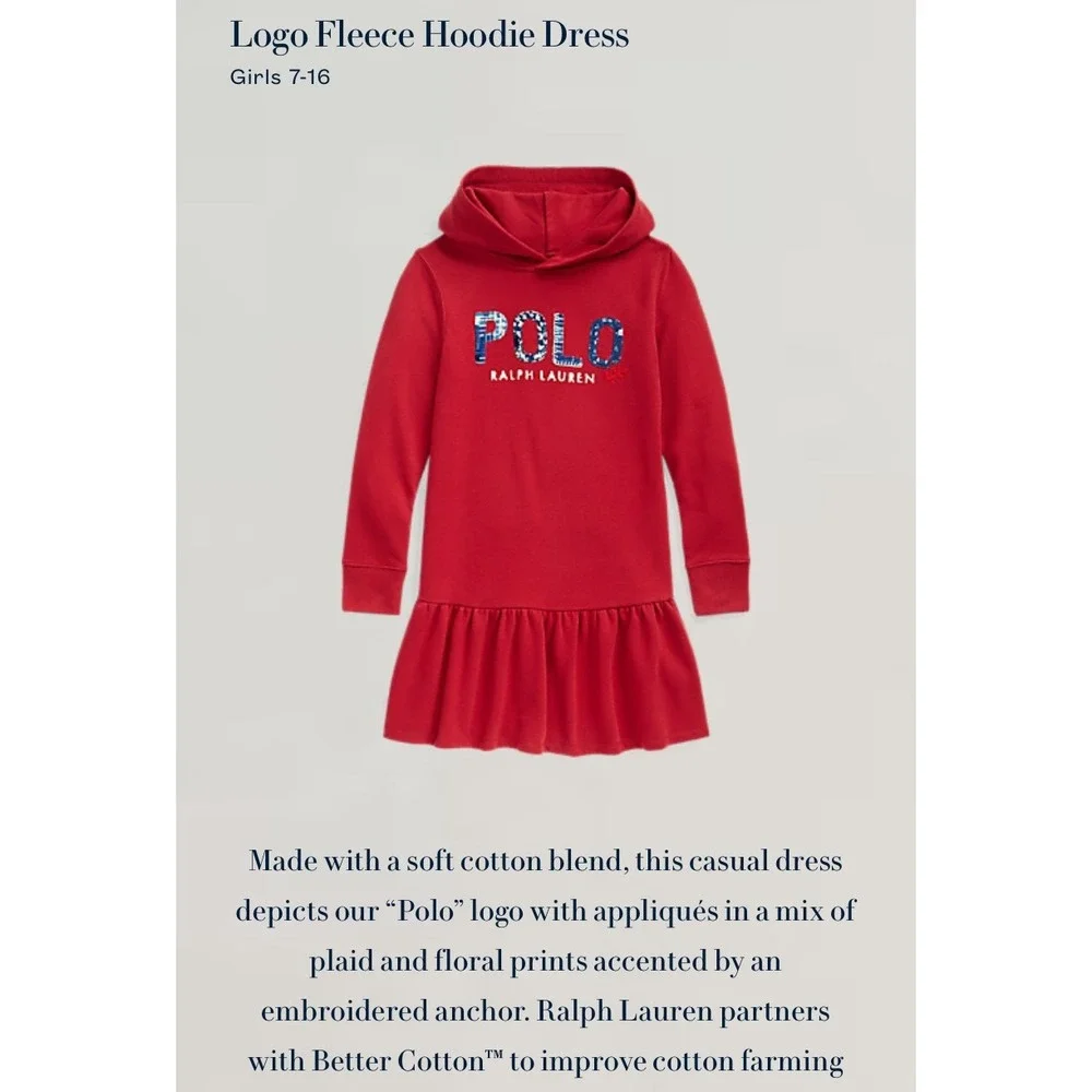 Ralph Lauren Kids Girls Red Polo‎ Logo Fleece Hoodie Dress Size L 12-14 NWT